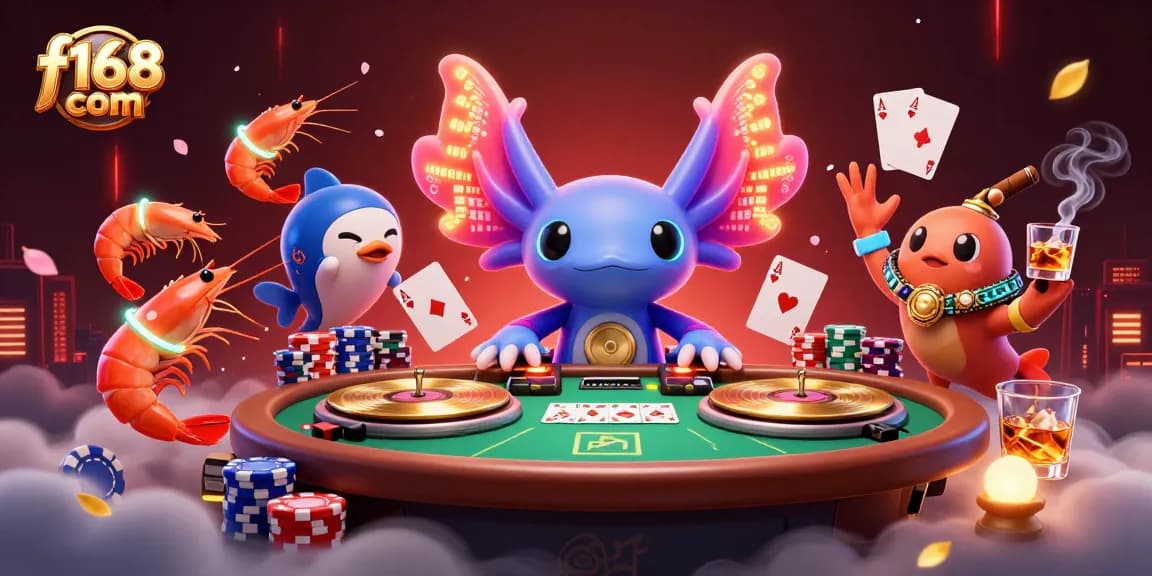 Join the excitement at f168 com with a neon axolotl DJ, poker tables, and vibrant underwater fun.