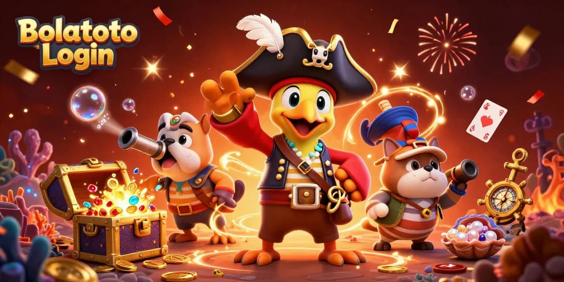 Engage in thrilling chances with Bolatoto Login featuring vibrant 3D pirate characters in a festive casino setting.