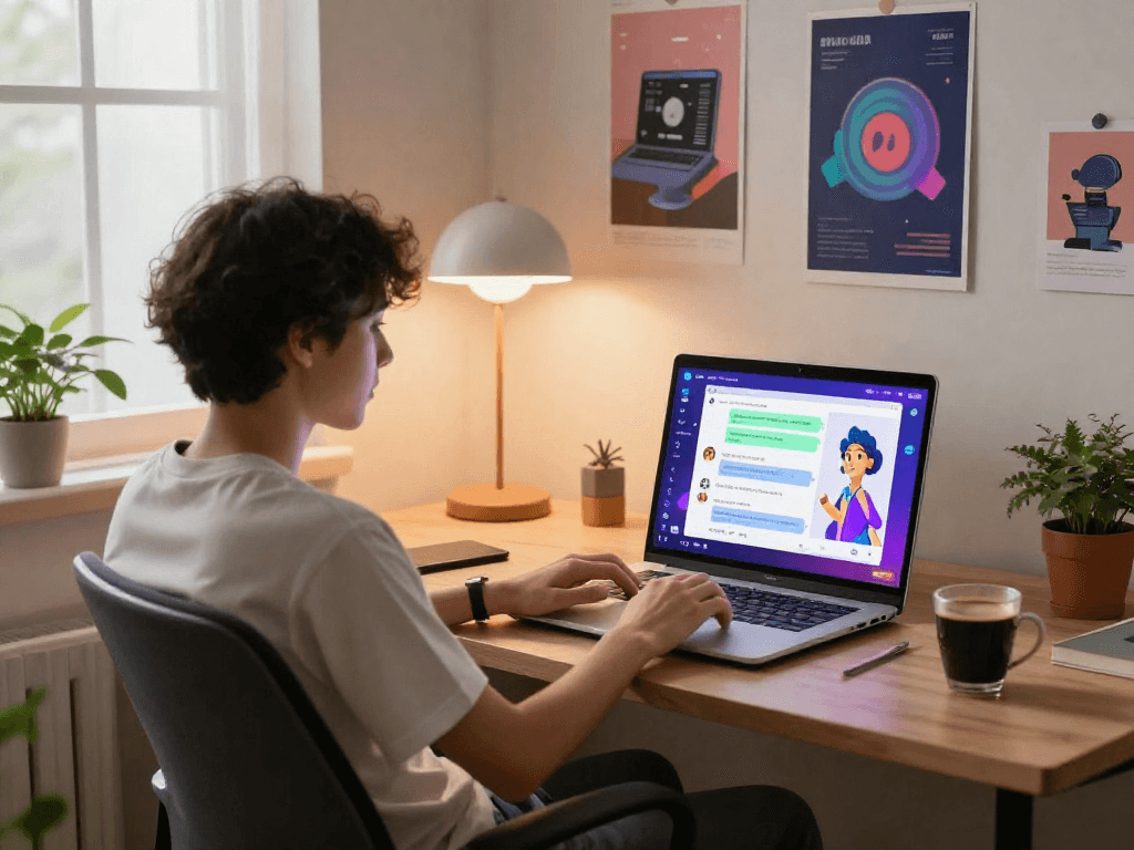 Engaging user interacting with AI character in cozy home office, showcasing ai sex chat