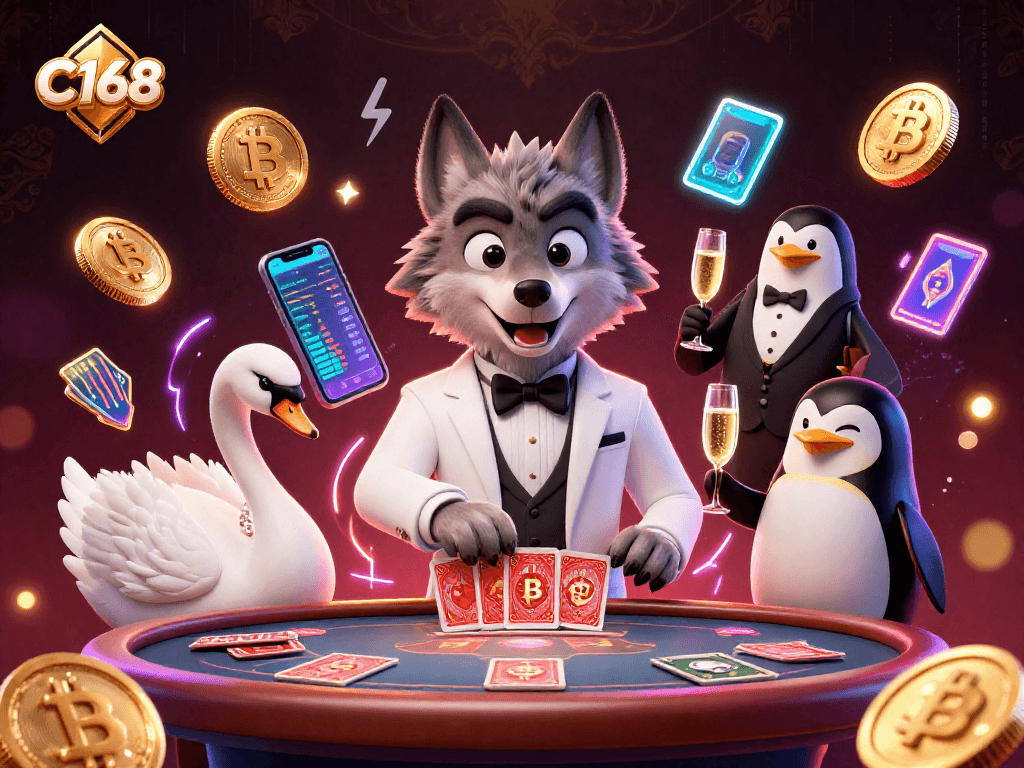 Experience thrilling Baccarat at C168 with a debonair wolf dealer, elegant swan, and sophisticated penguin.