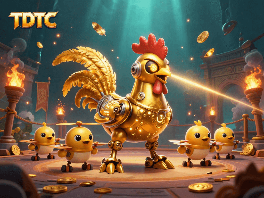 Engage with the thrilling TDTC arena featuring a golden rooster robot laser etching patterns among swirling gold tokens.