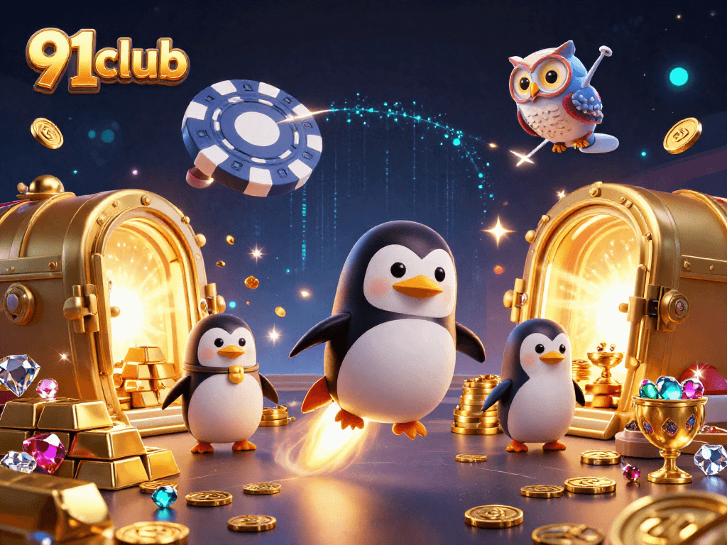 Experience thrilling action with the 91club rocket-powered penguin navigating casino adventures amidst riches.