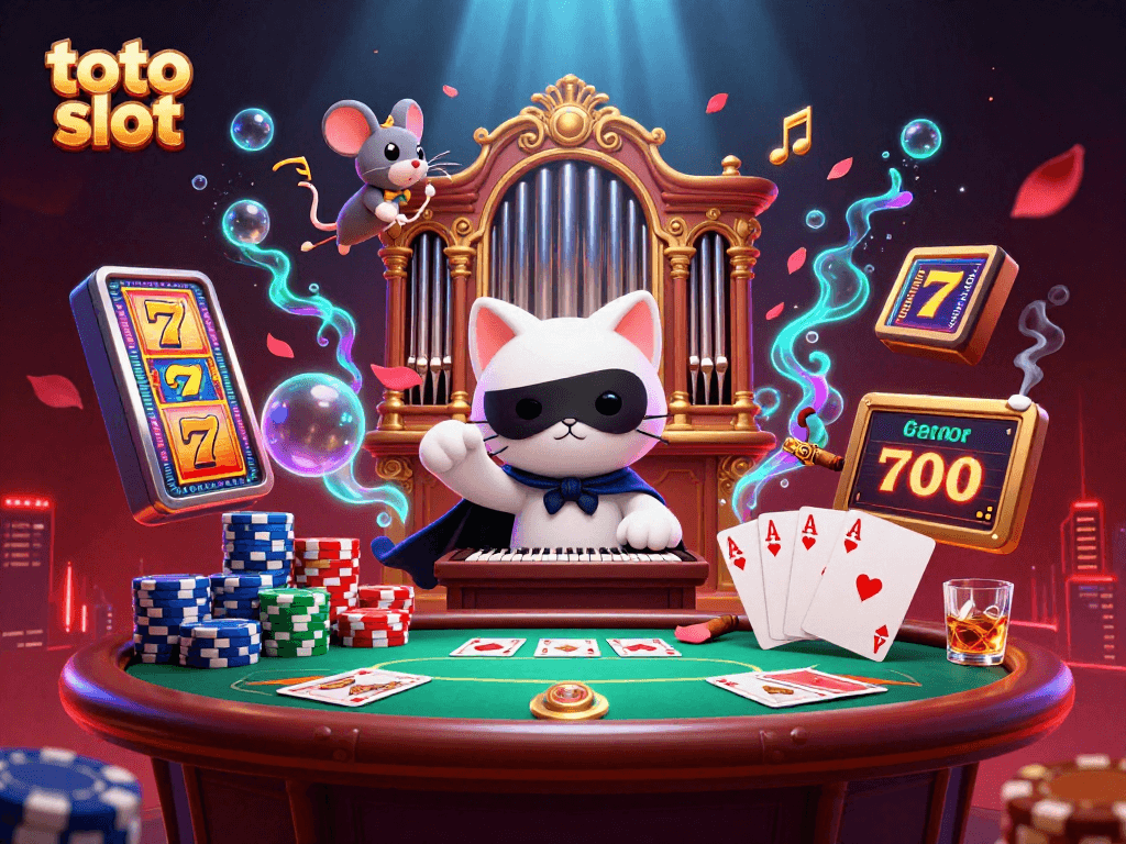 Experience exciting gaming with toto slot featuring a cat playing at a lavish casino scene.