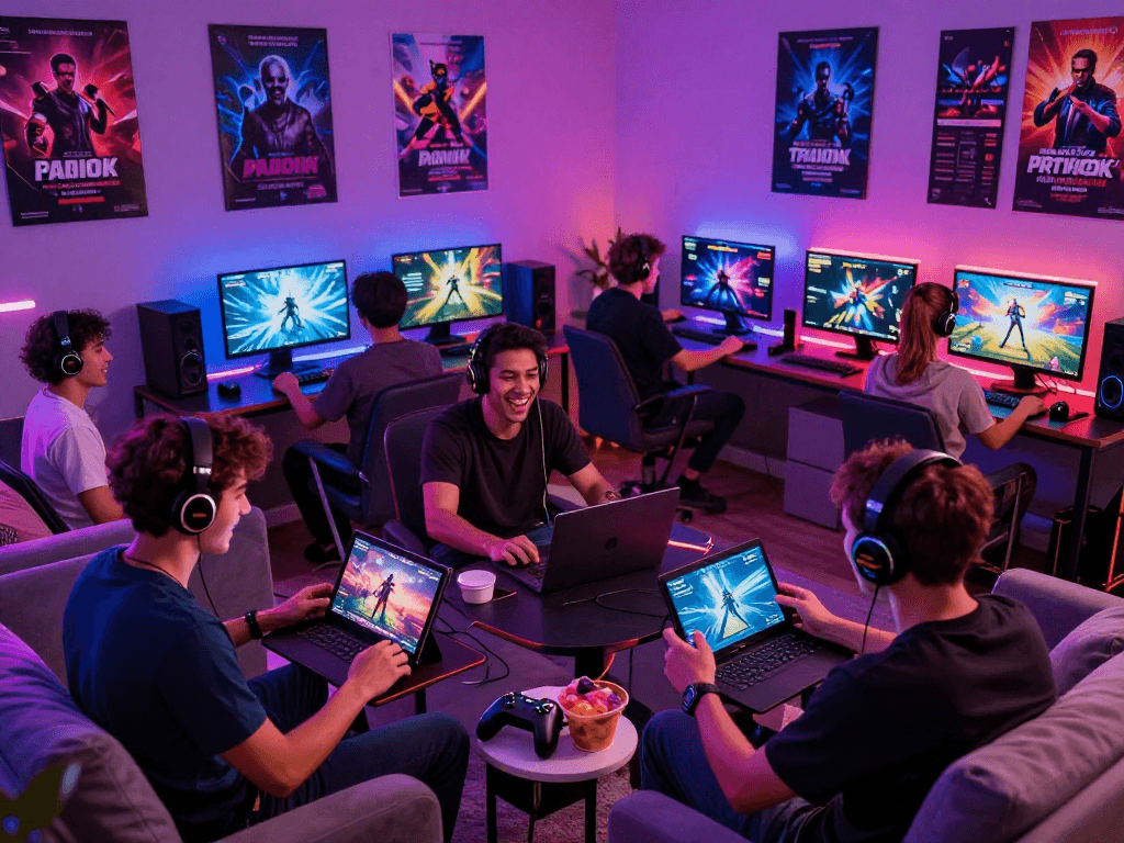 Players enjoying various porn games online in a lively gaming room with colorful lighting.