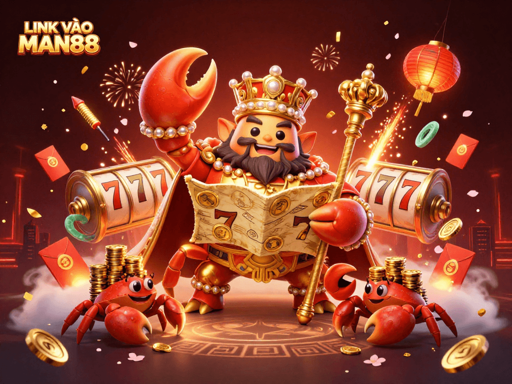 Experience thrill with LINK VÀO MAN88, showcasing a golden crab emperor in a vibrant casino world.