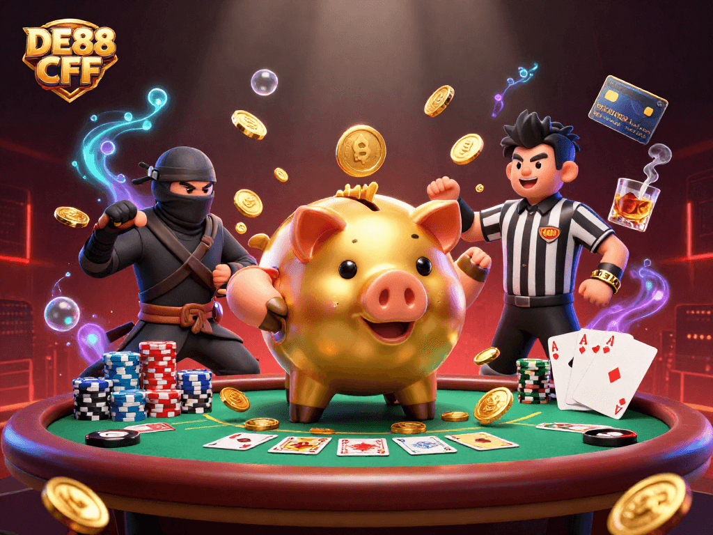 Experience thrilling wins with DE88 CFD in a dynamic online casino scene featuring unique characters and rich gambling elements.