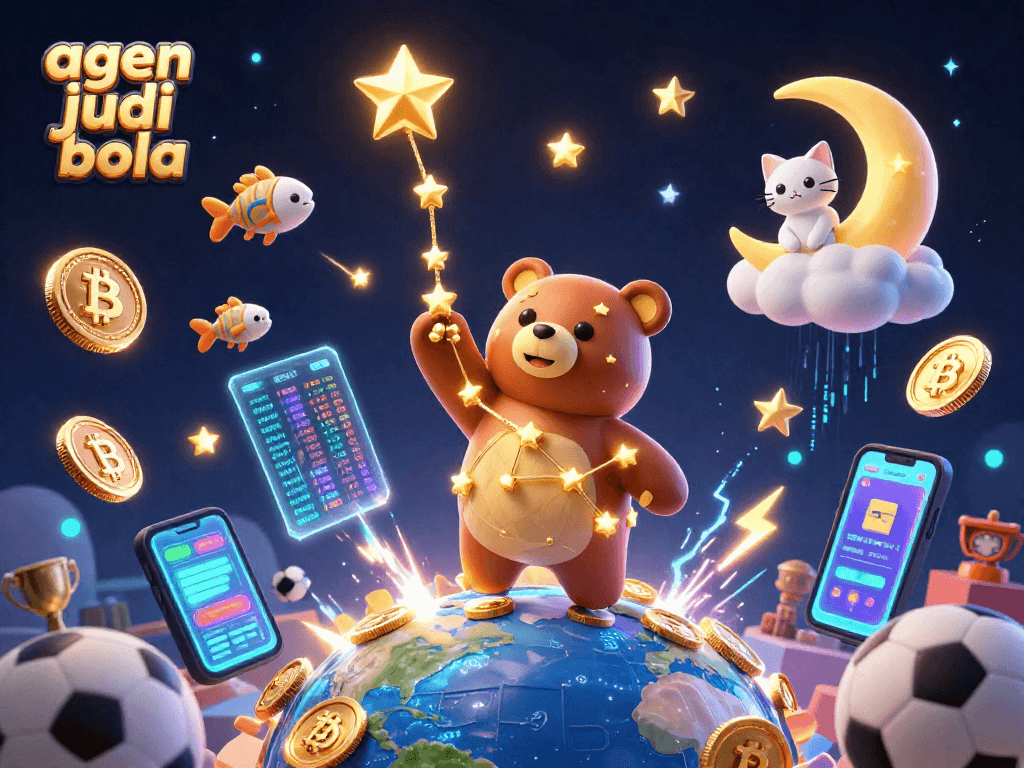 Bet on the agen judi bola platform with sports elements and glowing crypto coins in a dynamic scene.
