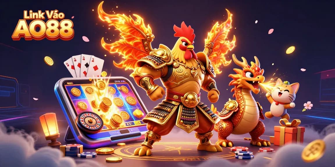 Experience top-notch gaming with Link Vào AO88 as fiery rooster warriors and golden-dragon hatchlings animate a dynamic casino scene.