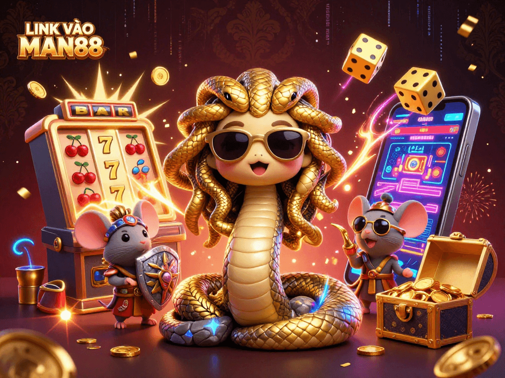 Experience the thrill of LINK VÀO MAN88 with vibrant gaming elements and detailed characters in an exciting online casino setting.