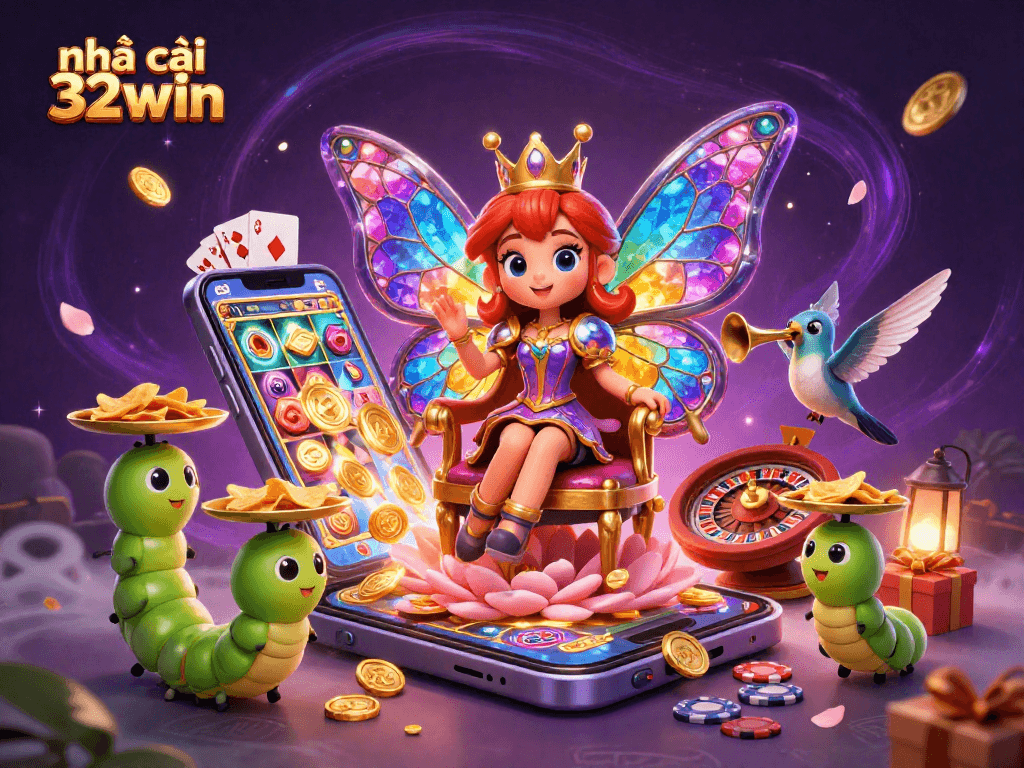 Engage with nhà cái 32win's vibrant 3D casino scene showcasing gaming excitement through colorful slot games and rich characters.