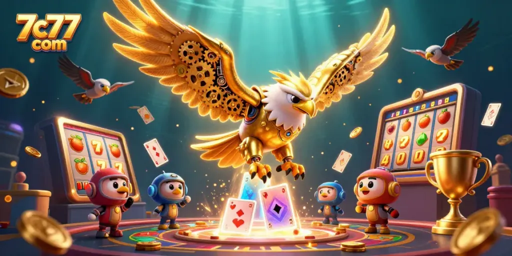 Experience the thrill of 7c77 com with jackpot slots and cascading cards in this vibrant casino scene.