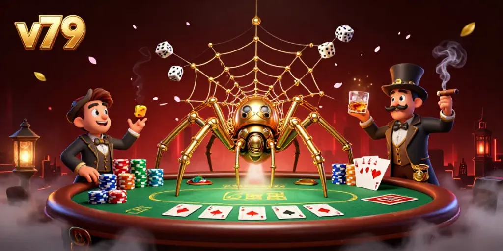 Experience the thrill of v79’s casino world, featuring poker tables, golden charms, and dynamic characters.