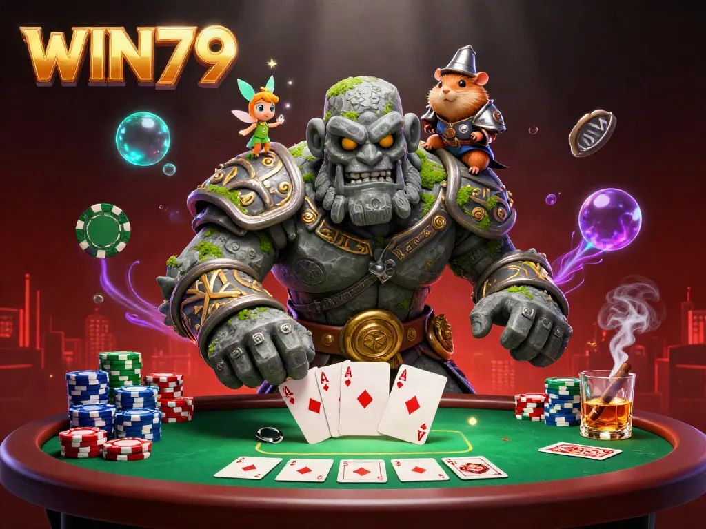 Engage in thrilling poker adventures at WIN79 with vibrant characters and dynamic casino elements.