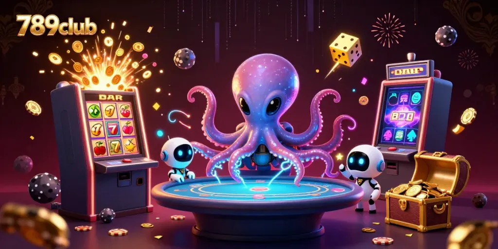 Engage in exciting gameplay with 789club's alien octopus and robot at a dynamic poker table.