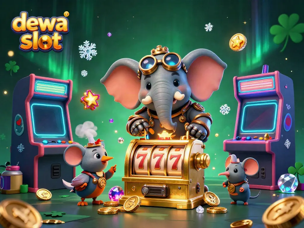 Experience the excitement of dewa slot with a thrilling steampunk-themed 3D illustration showcasing vibrant gaming elements.