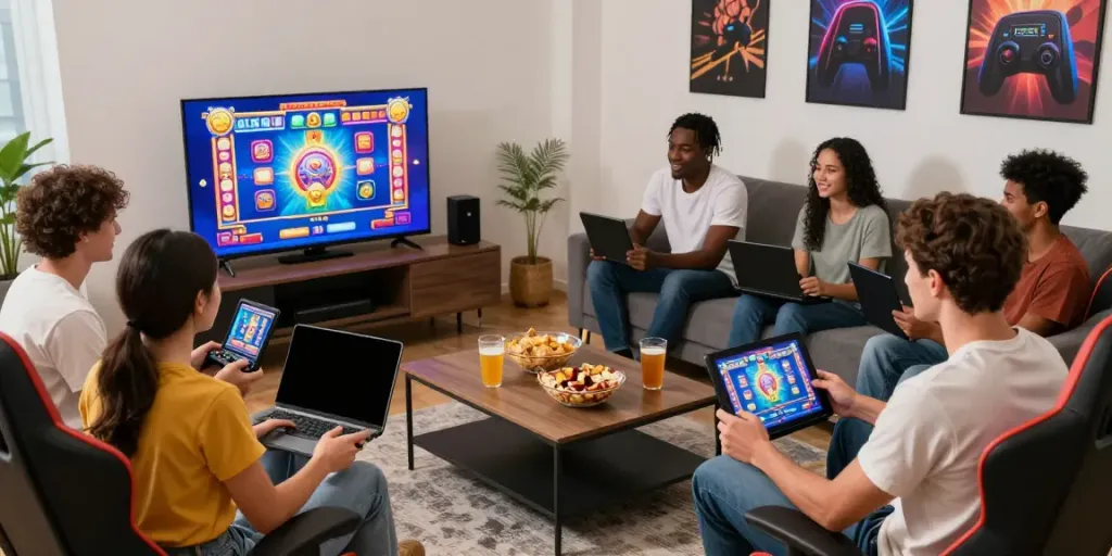 Friends enjoying slot gacor games together in a cozy living room setting.