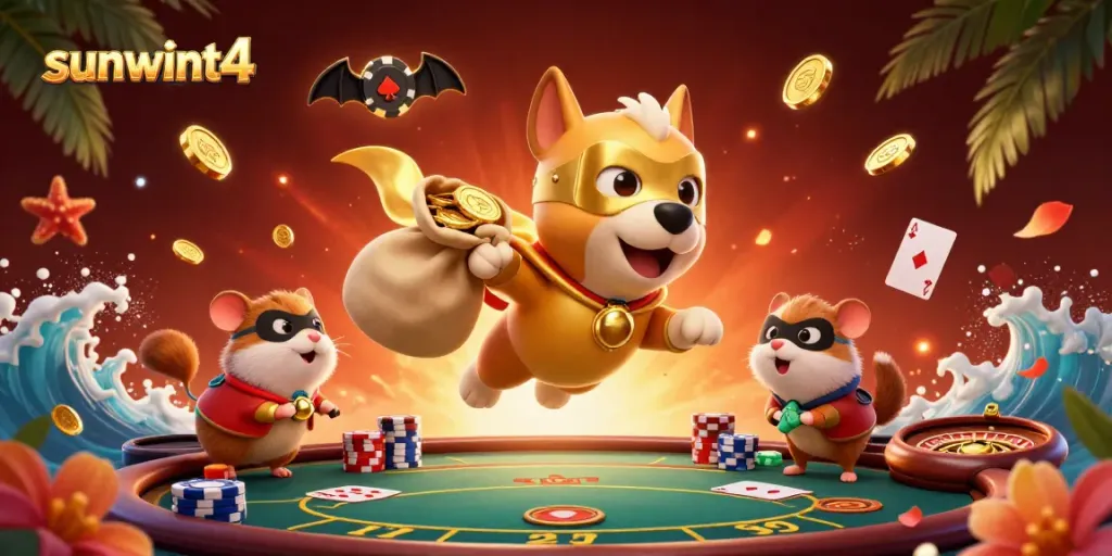 Experience exciting gameplay with sunwint4's superhero dog and friends in action at a vibrant casino scene.
