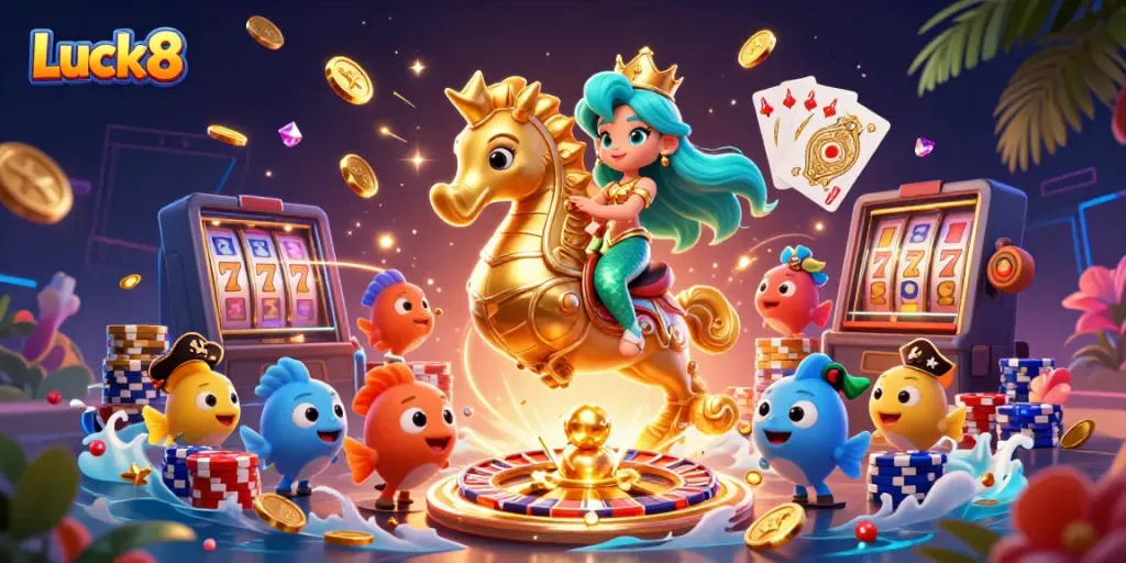 Experience the magic of Luck8 with a mermaid and seahorse amid vibrant casino elements.