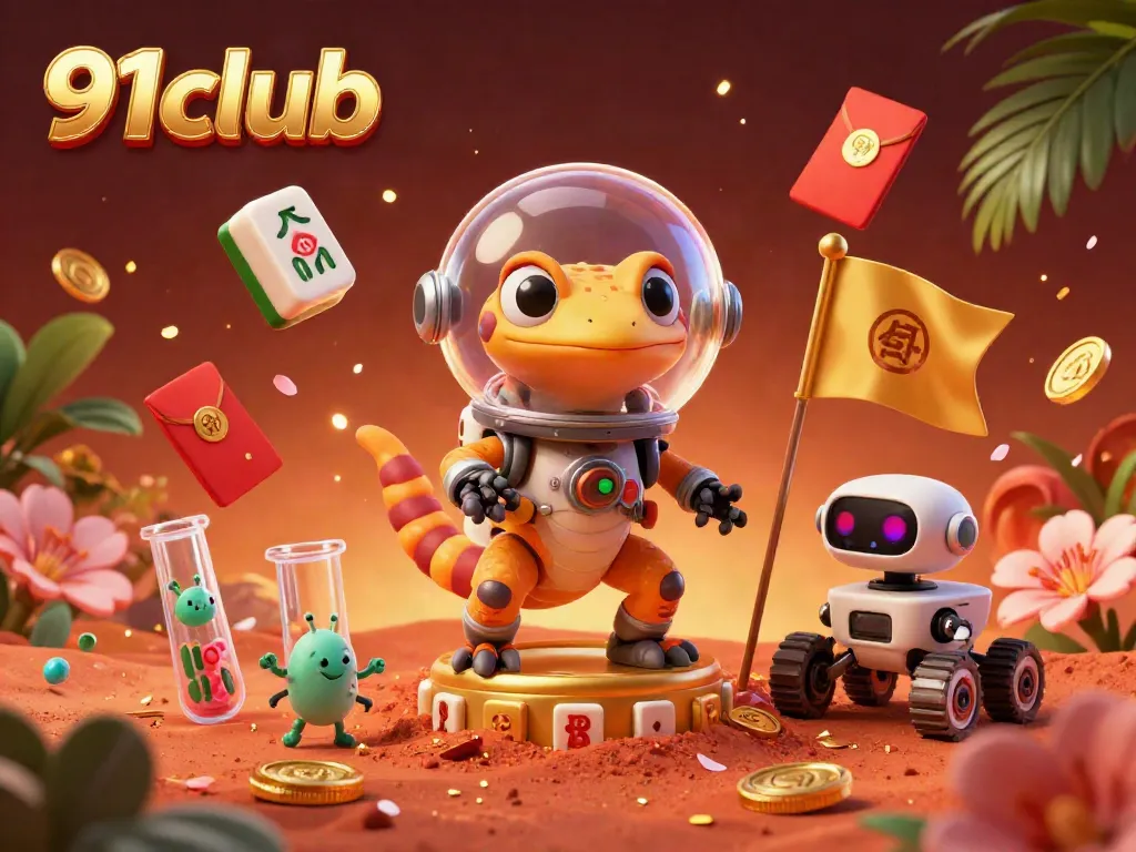 Join the excitement at 91club with a Martian gecko exploring a golden casino backdrop.