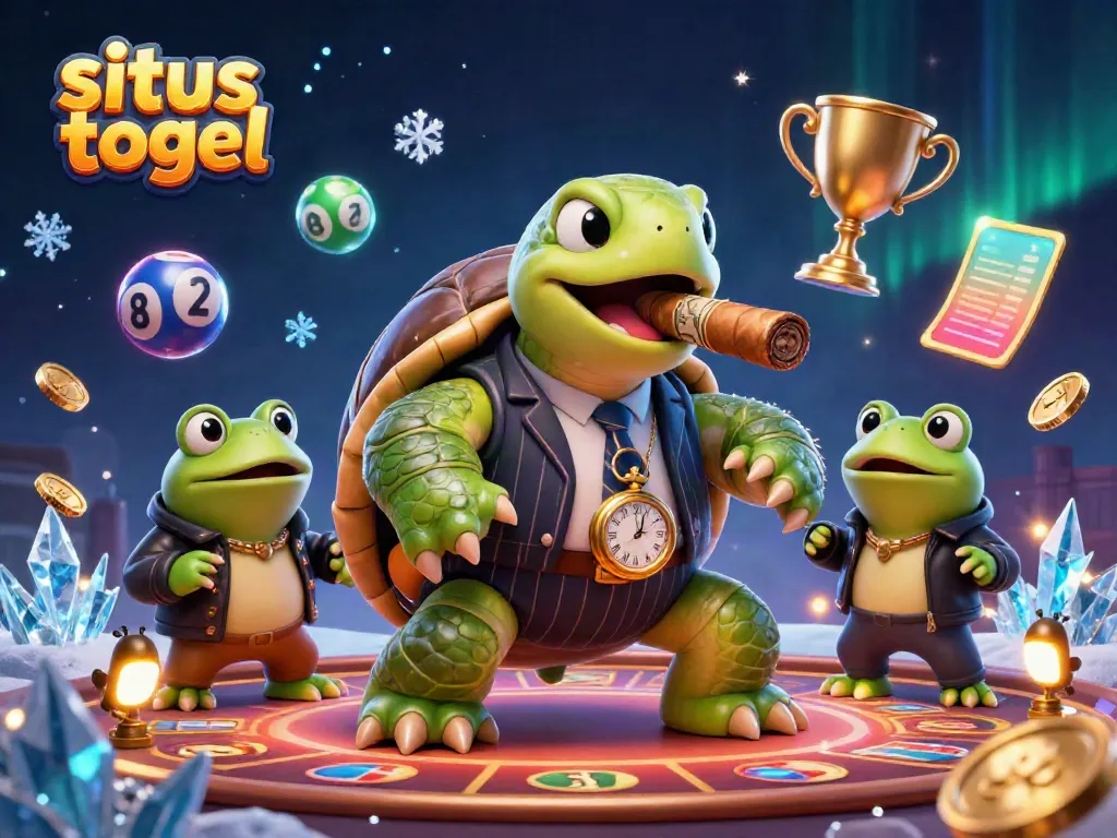 Engage with the vibrant world of situs togel featuring a lively snapping turtle in a mobster suit and lottery elements.