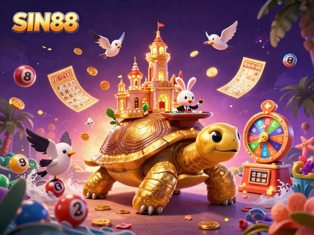 Engage in thrilling games at SIN88 with a golden tortoise casino and vibrant elements surrounding it.