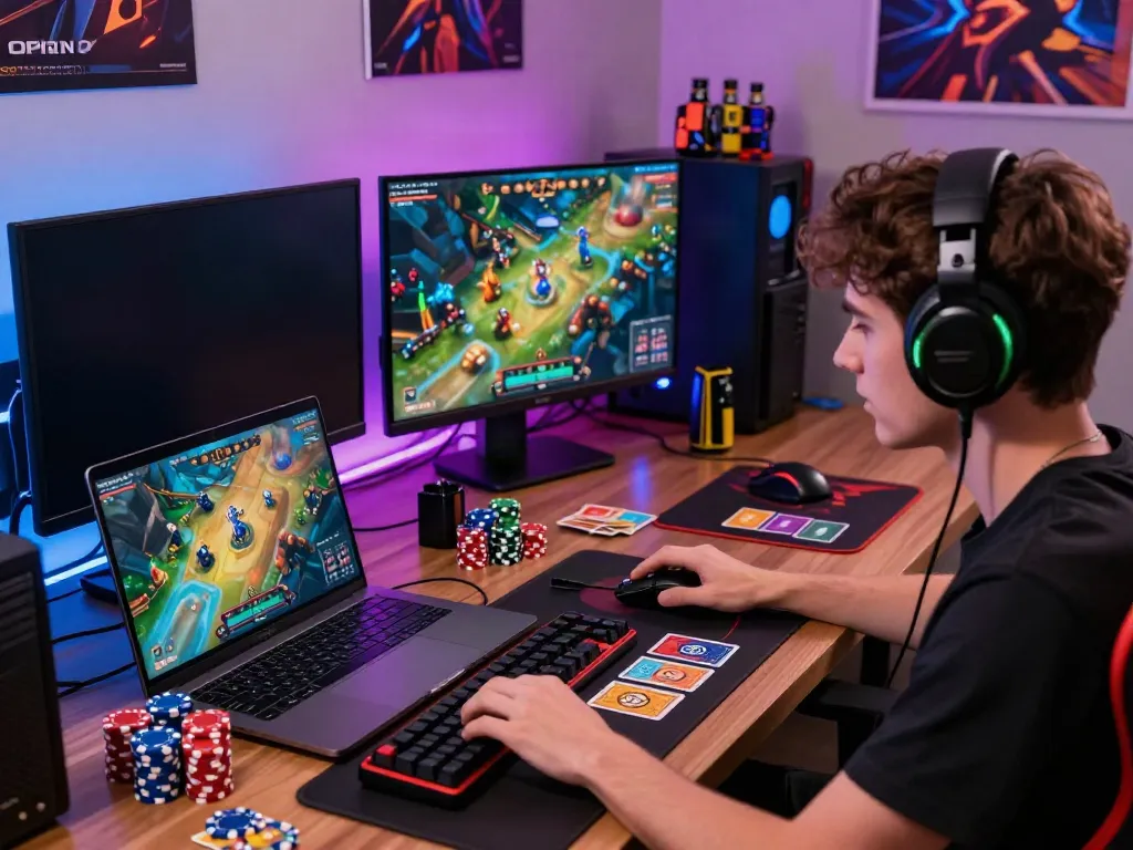 Engaged user at a vibrant gaming setup enjoying sun win online card games.