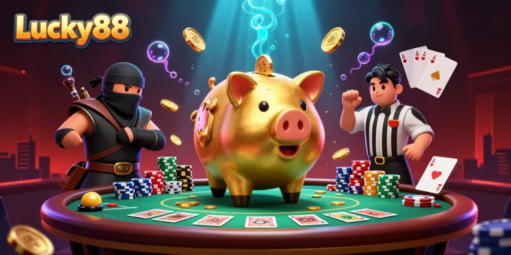 Engage with Lucky88's vibrant casino scene featuring a golden sumo wrestler surrounded by poker elements.