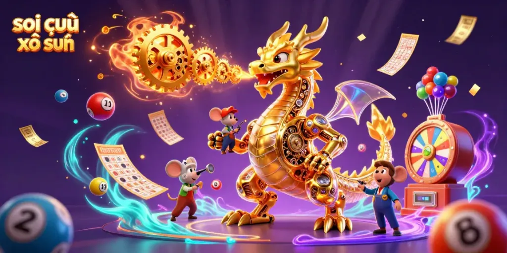 Experience soi cầu xổ số with an exciting illustration of a golden dragon and lottery elements
