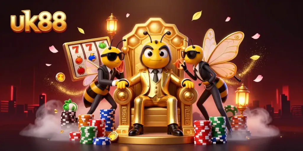 Experience the vibrant world of uk88 with a dynamic 3D casino illustration featuring themed slot elements.
