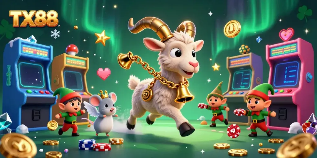 Engage in exciting TX 88 casino adventures with Krampus, mouse, and gremlins in a festive 3D scene.