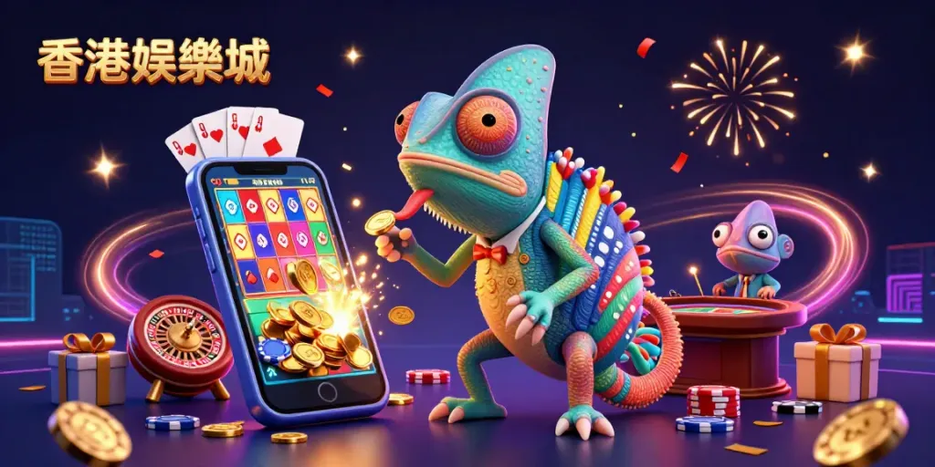 Enjoy thrilling gameplay at 香港娛樂城 with a vibrant 3D chameleon casino owner amidst exciting game elements.