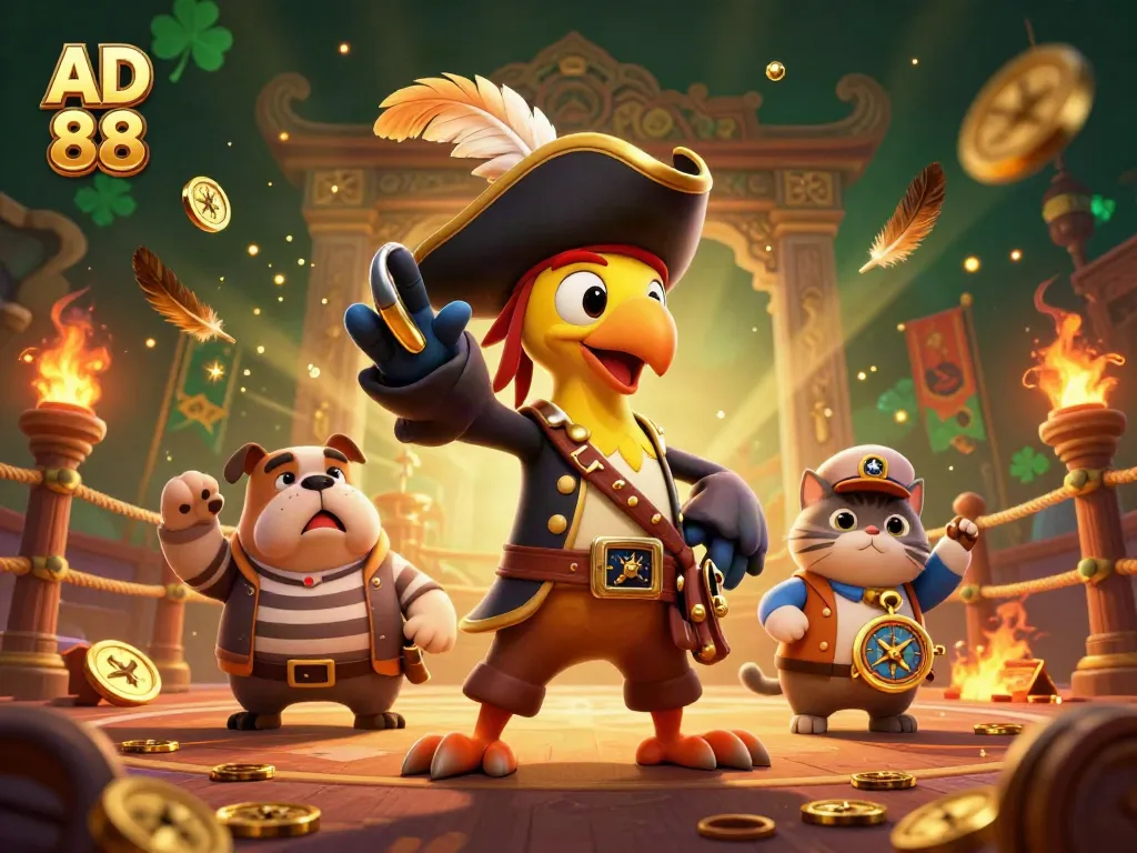 Bet at AD 88 with a vibrant, dynamic 3D scene featuring a pirate captain parrot, bulldog, and cat amid casino elements.