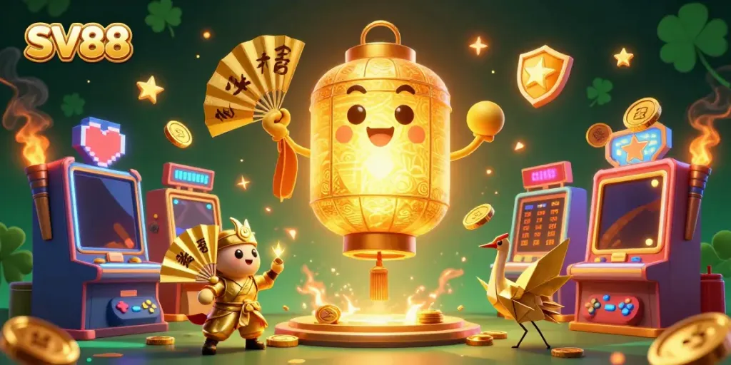 Experience SV88's vibrant casino atmosphere with golden lantern spirit, fan warriors, and colorful slot games.