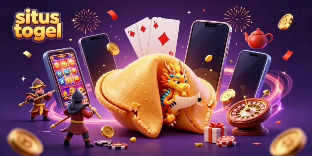 Engage with situs togel through vibrant gambling elements featuring a golden fortune cookie, wise dragon, and rich casino games.