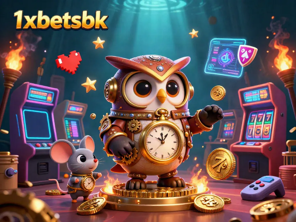 Engage with vibrant casino elements featuring 1xbetsbk, where a time-traveling owl navigates a dynamic gaming world.