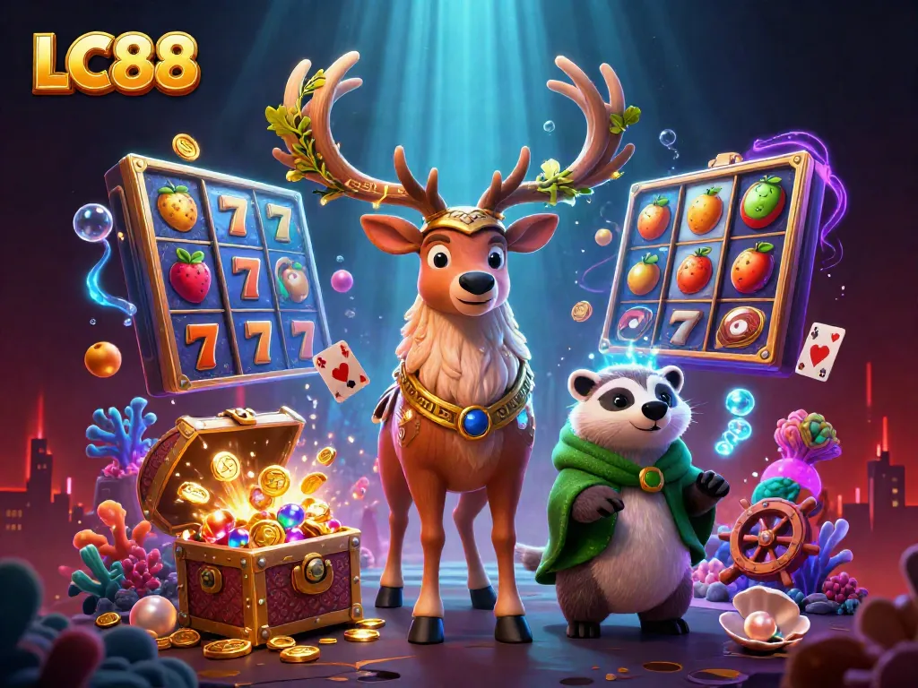 Engage with LC88 by spinning vibrant slot reels alongside a druid stag and wise badger amid treasures.