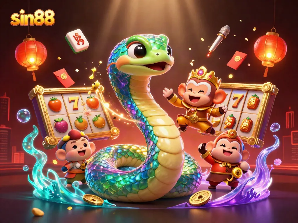 Experience the vibrant world of sin88 with a dynamic 3D casino scene featuring lucky symbols and magical elements.