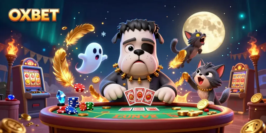 Experience thrilling live casino action with OXBET featuring a unique Frankenstein bulldog dealer and playful characters.
