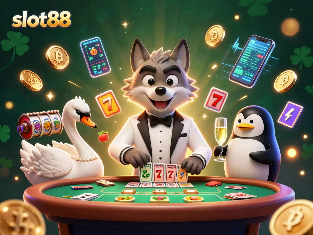 Experience the excitement of slot88 with vibrant characters and casino elements in this stunning illustration.