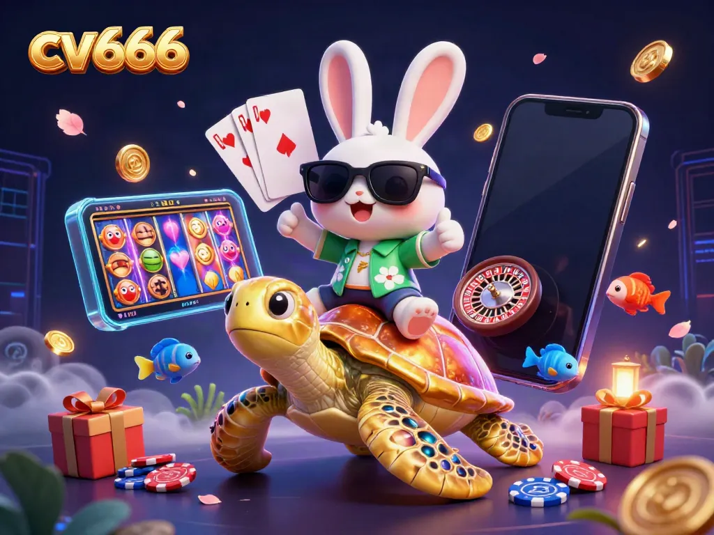 Experience fun slot games with cv666 featuring a lucky rabbit and a golden turtle in a vibrant casino scene.