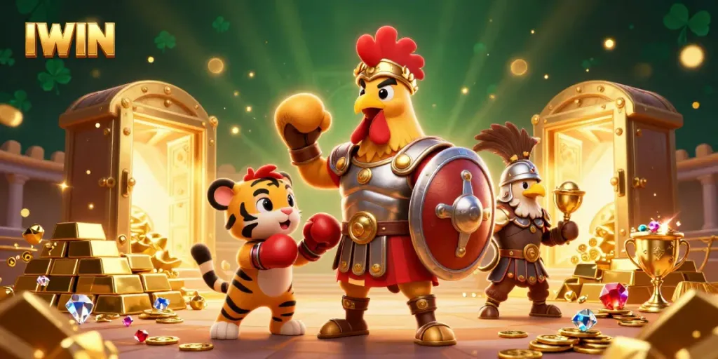 IWIN's exciting casino experience with 3D rooster gladiator and gold treasure.