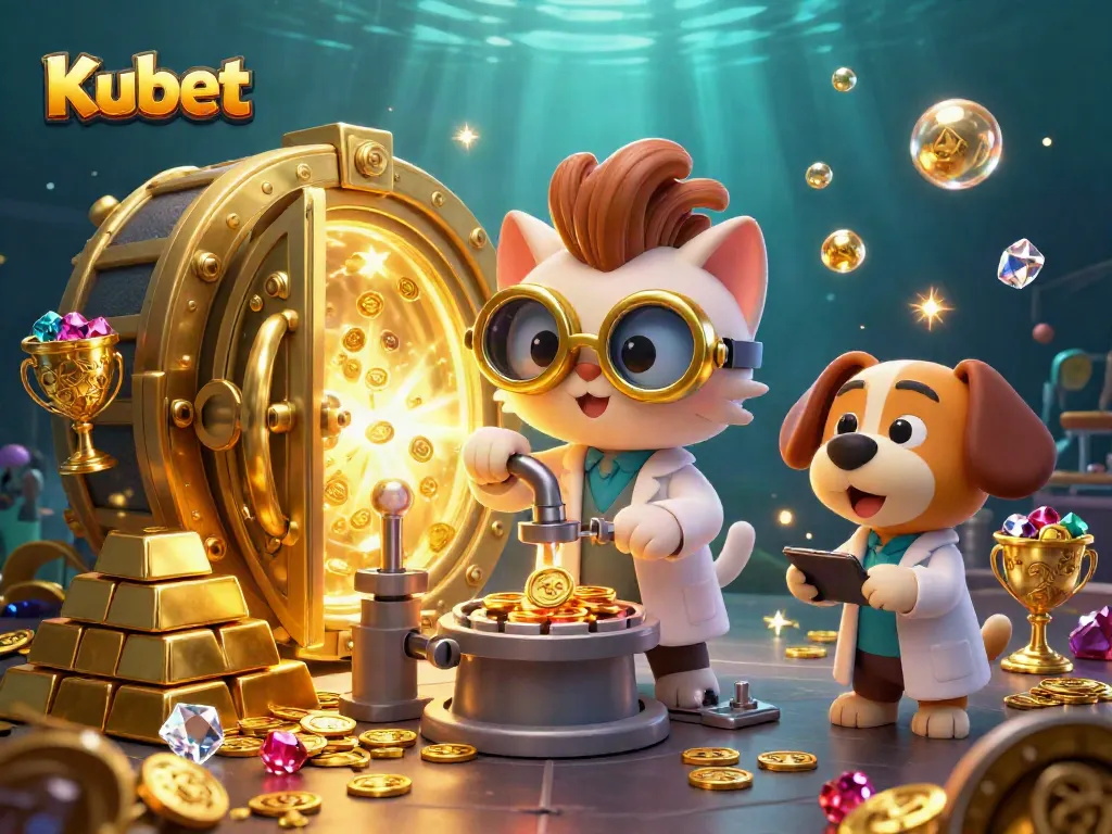 Kubet engages players with a dynamic casino scene featuring vibrant gold coins and treasures in a 3D illustration.