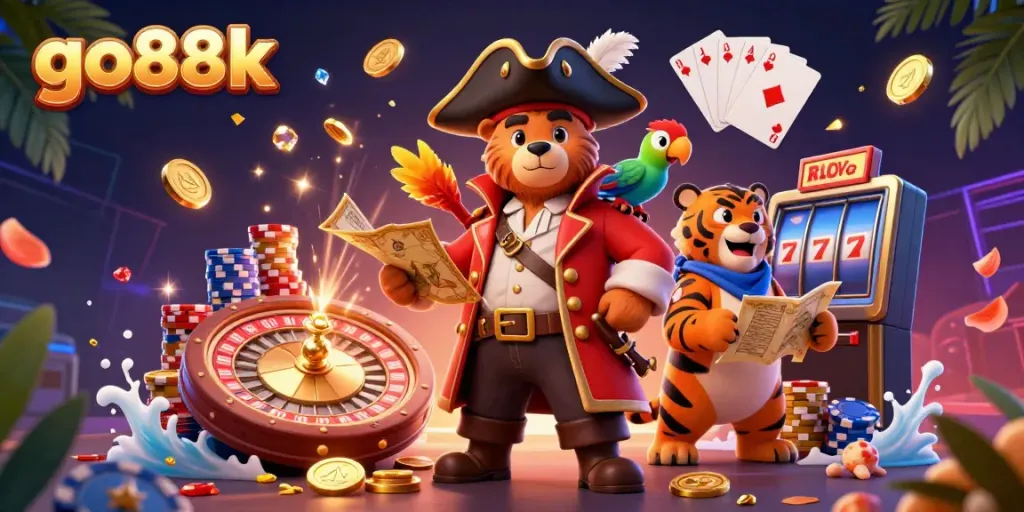 Experience the thrill of go88k with a vibrant 3D casino scene featuring pirate characters and sparkling treasure.