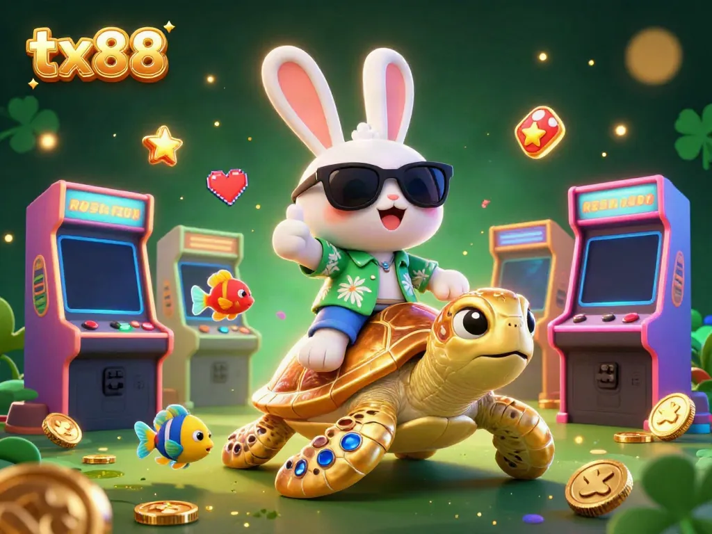 Experience thrilling wins with tx88 at a vibrant casino scene, featuring a lucky rabbit and golden turtle.