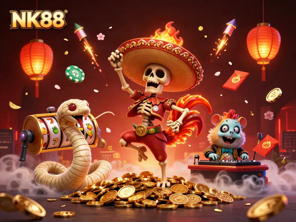 Engage in thrilling NK88 casino games with a vibrant 3D scene featuring lively characters and dynamic elements.