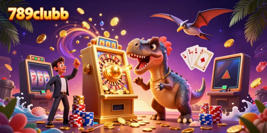 Join 789clubb in a vibrant casino scene with characters interacting and jackpot coins cascading around.