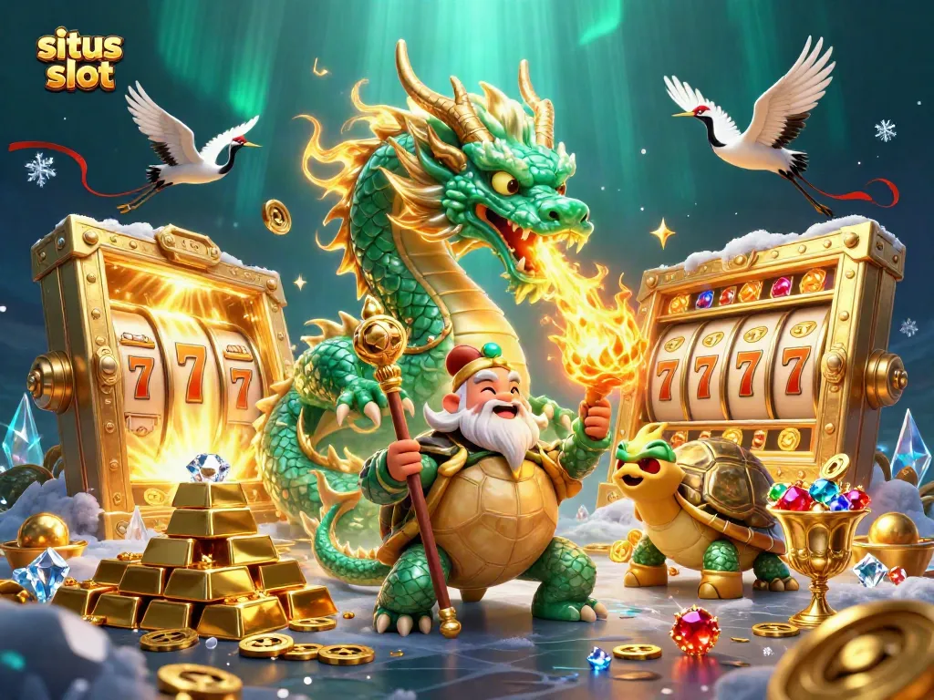 Permainan situs slot dengan simbol slot dan harta karun mengelilinginya dalam ilustrasi 3D yang megah.