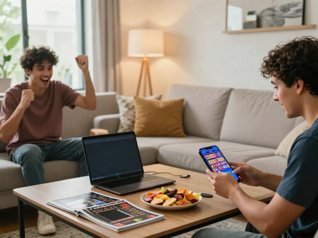 Engaged players enjoying slot qris games on mobile and laptop in a cozy living room.