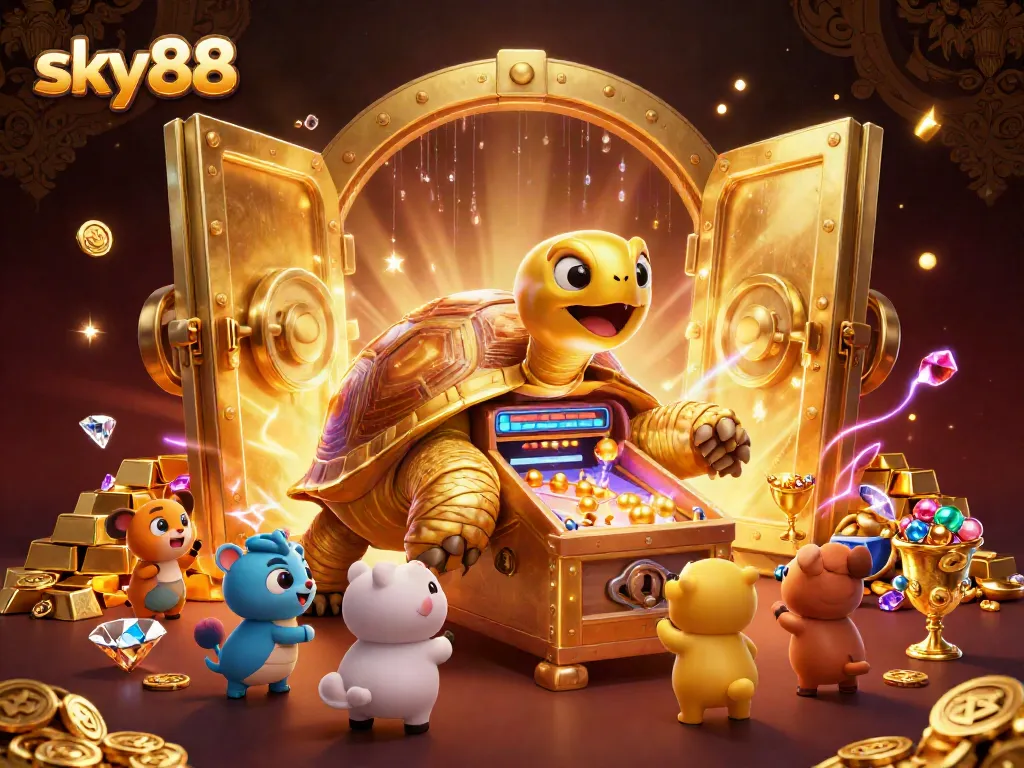 sky88 players enjoying a giant golden tortoise-themed pinball game with scattered treasures