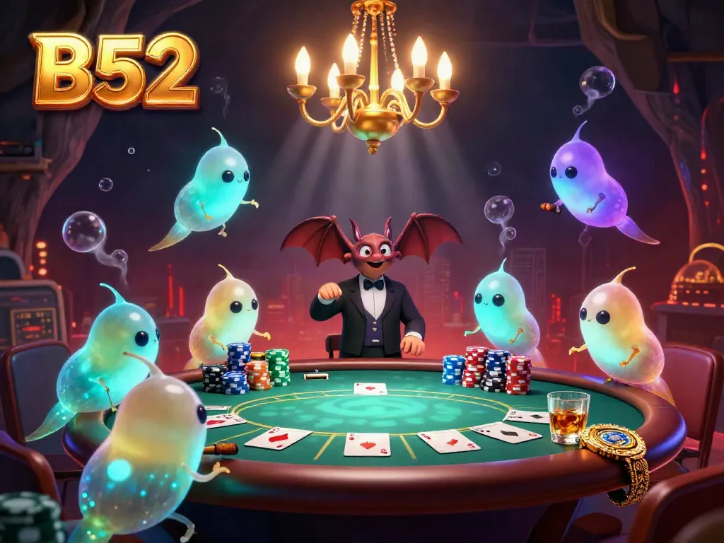 Experience the thrill of B52 with glowing worms and a bat dealer in this vibrant cave casino scene.